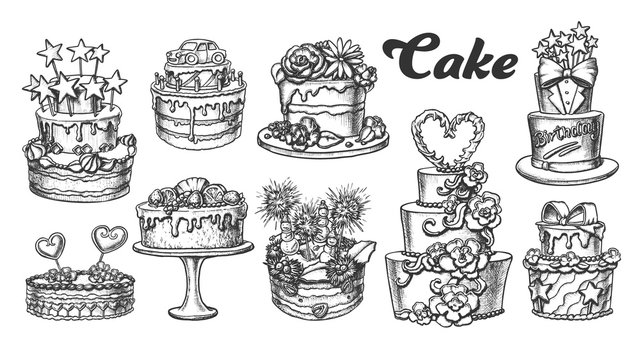 Cake Pie Delicious Collection Retro Set Vector. Birthday Anniversary, Valentine And Wedding Day Cake Engraving Concept Template Hand Drawn In Vintage Style Black And White Illustrations