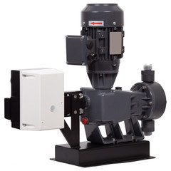 Industrial diaphragm pump with motor isolated on white background.