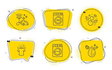 Dry t-shirt, Vacuum cleaner and Dirty water signs. Chat bubbles. Dryer machine, Washing machine and Clean bubbles line icons set. Laundry, Laundry shampoo, Vacuum-clean. Aqua drop. Vector