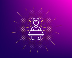 Brand ambassador line icon. Halftone pattern. Man speaking sign. Advertisement symbol. Gradient background. Brand ambassador line icon. Yellow halftone pattern. Vector