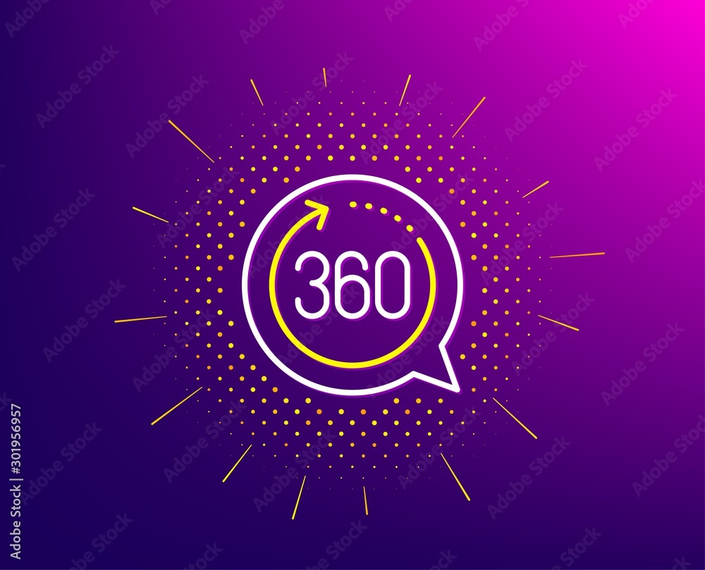 Aufkleber 360 degrees line icon. halftone pattern. vr simulation sign. panoramic view symbol. gradient backgro