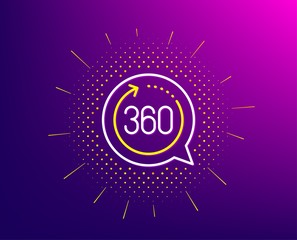 360 degrees line icon. Halftone pattern. VR simulation sign. Panoramic view symbol. Gradient background. 360 degrees line icon. Yellow halftone pattern. Vector