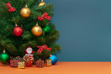 Christmas composition of tree, Christmas balls with place for text.
