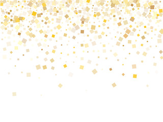 Chaotic gold confetti sequins tinsels falling on white. VIP New Year vector sequins background. Gold foil confetti party particles isolated. Light dust pieces party background.