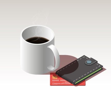 A cup of coffee or tea with milk isometric flat design isolated on White background illustration with wallet and credit card lying on the table