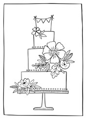 Wedding cake hand drawn vector illustration. Linear black and white cake with floral decoration and bunting banner on a stand. 