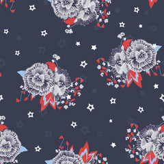 Vector Comics Roses with Stars on Navy Blue seamless pattern background.