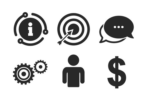 Human silhouette and aim targer with arrow signs. Chat, info sign. Business icons. Dollar currency and gear symbols. Classic style speech bubble icon. Vector