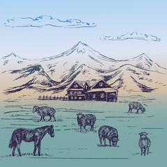Small country house in mountains with sheeps herd and horse on hills, hand drawn doodle, sketch in pop art style, outline vector illustration on soft background
