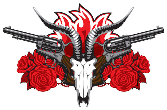 Vector banner with goat skull, red roses, big old revolvers and barbed wire isolated on white background. Suitable for design element for gun shop, t-shirt design, clothes, textiles, tattoo.