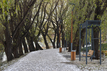 The path in the city park is covered with the first snow.