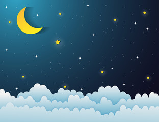 Obraz na płótnie Canvas night sky with stars and moon. paper art style.Vector of a crescent moon with stars on a cloudy night sky. Moon and stars background.Vector EPS 10.