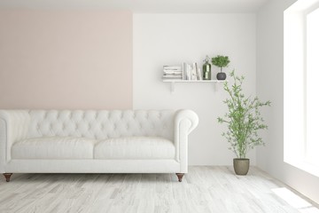Stylish room in white color with sofa. Scandinavian interior design. 3D illustration