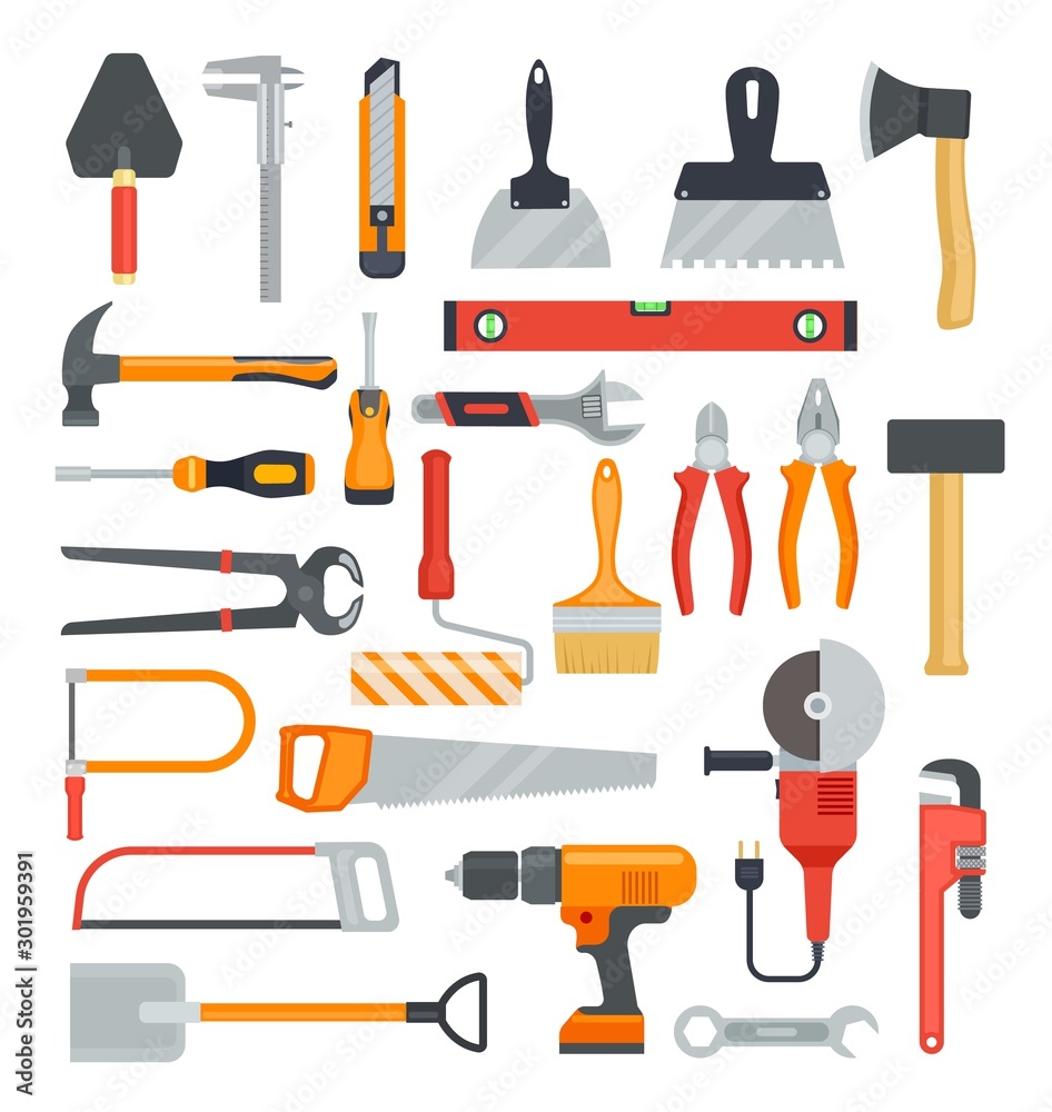 Wall mural Flat work tools. Hammer and drill, ax and screwdriver. Pliers and saw, wrench and shovel. Construction tool vector isolated icons set. Illustration equipment tool, industry wrench and hammer