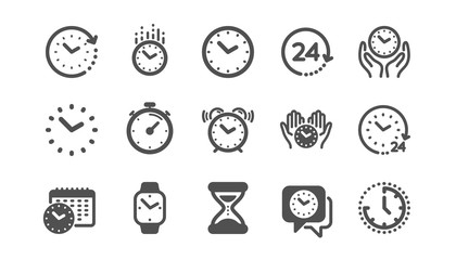 Time and clock icons. Timer, Alarm and Smartwatch. Time management, 24 hour clock, deadline alarm icons. Sand hourglass, smartwatch, timer stopwatch. Classic set. Quality set. Vector