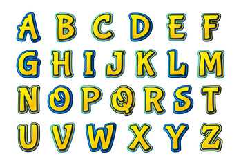 Comic font. Cartoonish multilayer alphabet