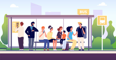 People at bus stop. City community transport, passengers waiting the buses standing together, urban public traffic cartoon vector concept. Illustration city bus stop for urban transport © MicroOne