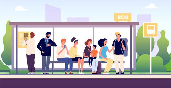 People at bus stop. City community transport, passengers waiting the buses standing together, urban public traffic cartoon vector concept. Illustration city bus stop for urban transport