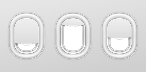 Airplane windows. Aircraft interior with transparent portholes. Realistic airplanes illuminators vector isolated set. Aircraft flight, travel and trip, aviation airplane, porthole window illustration