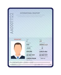 Passport. Open id document with male photo portrait and blank space for immigration visa stamps vector template. Id passport for security, official document identification illustration