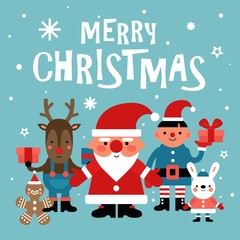 Christmas characters background. Santa, gingerbread Man and white rabbit and elf, deer with gift. 2020 new year party vector card. Illustration santa claus, deer and rabbit, christmas gift celebration