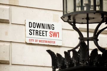 Downing Street sign in the political center of Westminster, London