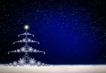 Christmas tree with lights isolated on star sky background.