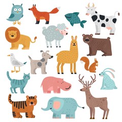 Cute animals. Tiger, owl and bear, elephant and lion, llama and deer, hare and dog, squirrel wild and farm cartoon animal vector set. Dog and hare, llama and gull, cat and deer illustration