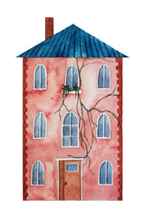 Watercolor hand drawn house with vine on facade and blue roof
