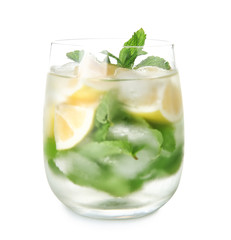 Glass of fresh lemonade on white background