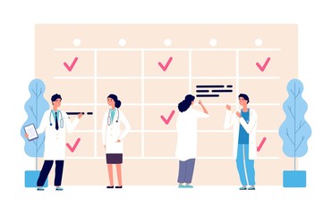 Medical schedule. Doctors work schedule vector illustration. Clinic team, agenda, hospital staff characters. Medical doctor appointment, medicine schedule service