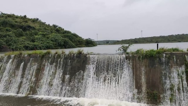 View of the overflowing check dam in Vadsar Lake at Wankaner, Gujarat, India