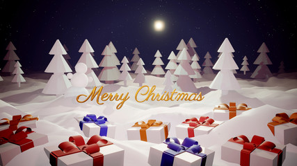 Christmas card or blank for Christmas composition with a snowy Christmas tree forest, winter night with moon light, christmas gifts and golden Christmas inscription. 3d render