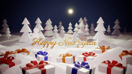 Christmas card or blank for Christmas composition with a snowy Christmas tree forest, winter night with moon light, christmas gifts and golden Christmas inscription. 3d render