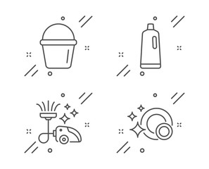 Shampoo, Vacuum cleaner and Bucket line icons set. Clean dishes sign. Bath cleanser, Vacuum-clean, Washing equipment. Dishwasher concept. Cleaning set. Line shampoo outline icon. Vector
