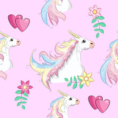 Seamless pattern with cute unicorns, clouds,rainbow and stars. Magic background with little unicorns.