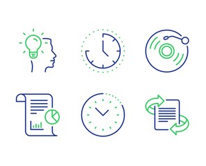 Fototapeta premium Report, Time and Vinyl record line icons set. Idea, Time management and Marketing signs. Work analysis, Clock, Retro music. Professional job. Education set. Line report outline icons. Vector