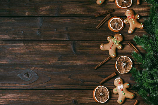 Christmas gingerbread cookies on wood