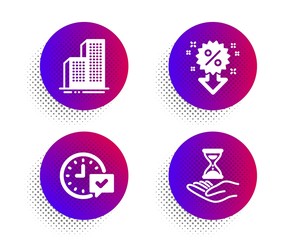 Skyscraper buildings, Select alarm and Discount icons simple set. Halftone dots button. Time hourglass sign. Town architecture, Time symbol, Sale shopping. Sand watch. Business set. Vector