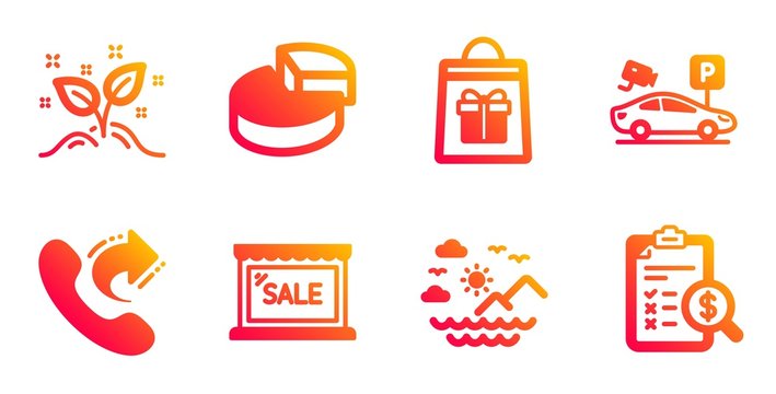 Share call, Parking security and Sea mountains line icons set. Sale, Startup concept and Holidays shopping signs. Pie chart, Accounting report symbols. Phone support, Video camera. Vector