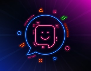 Smile line icon. Neon laser lights. Positive feedback rating sign. Customer satisfaction symbol. Glow laser speech bubble. Neon lights chat bubble. Banner badge with smile icon. Vector