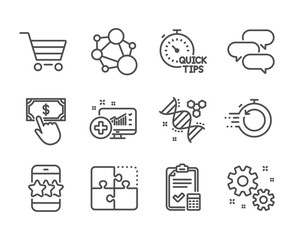 Set of Technology icons, such as Fast recovery, Accounting checklist, Star, Market sale, Talk bubble, Payment click, Work, Quick tips, Puzzle, Chemistry dna, Medical analytics, Integrity. Vector