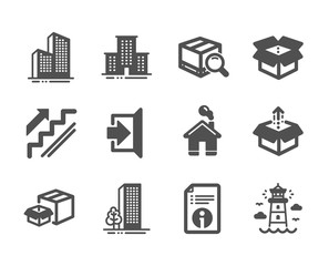 Set of Industrial icons, such as Home, Lighthouse, Technical info, Buildings, Exit, Skyscraper buildings, Stairs, University campus, Send box, Packing boxes, Search package, Open box. Vector