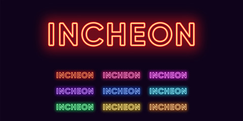 Neon Incheon name, City in South Korea. Neon text of Incheon city. Vector set of glowing Headlines