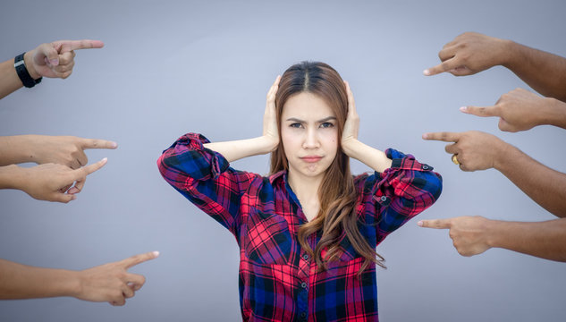 Blaming You. Anxious Surprised Woman Being Judged By Different People Pointing Fingers At Her. Negative Human Emotions Feeling