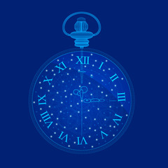 A pocket watch wireframe made of blue lines on a dark background with luminous lights. Vector illustration