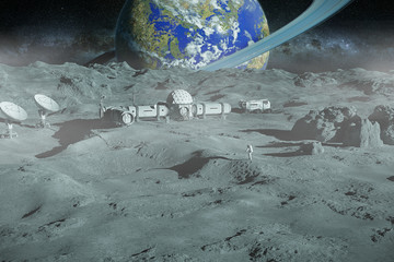 astronaut on surface of an exoplanet, alien planet with research base © dottedyeti