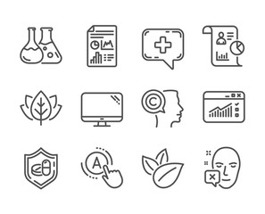 Set of Science icons, such as Medical chat, Report document, Web traffic, Medical tablet, Report, Organic product, Ab testing, Chemistry lab, Writer, Computer, Organic tested line icons. Vector