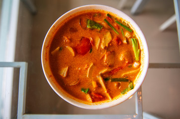 Tom Yum Goong, Sour prawn soup Thai food with a taste and spicy spices, Cooking to fShrimp and Mushrooms, vegetable have a delicious and inexpensive flavor