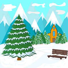 Winter Poster. Natural Landscape Concept. Greeting Winter, Christmas and Xmas Card. Symbol, Logo and Badge for Web Banners. Cartoon Vector illustration